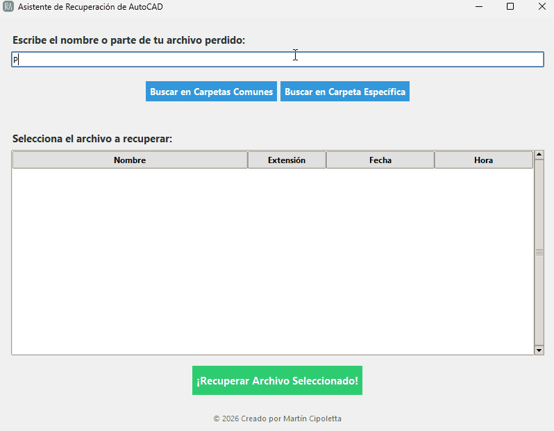 Captura del Recuperador de Archivos AutoCAD, una herramienta para localizar y recuperar archivos DWG, BAK y SV$ perdidos mediante una búsqueda automática en las carpetas del ordenador.